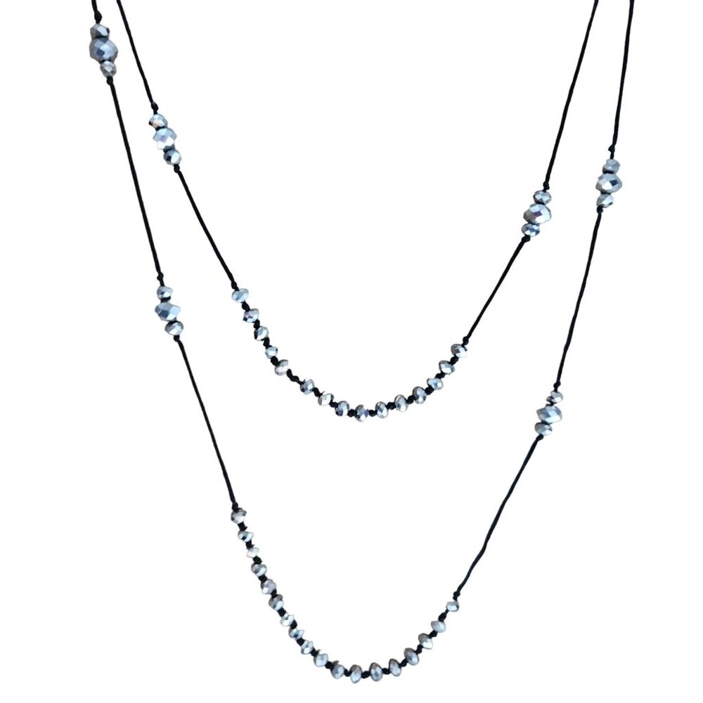 Elegant Silver Faceted Bead Black Cord Double Strand Necklace Fashion Jewelry